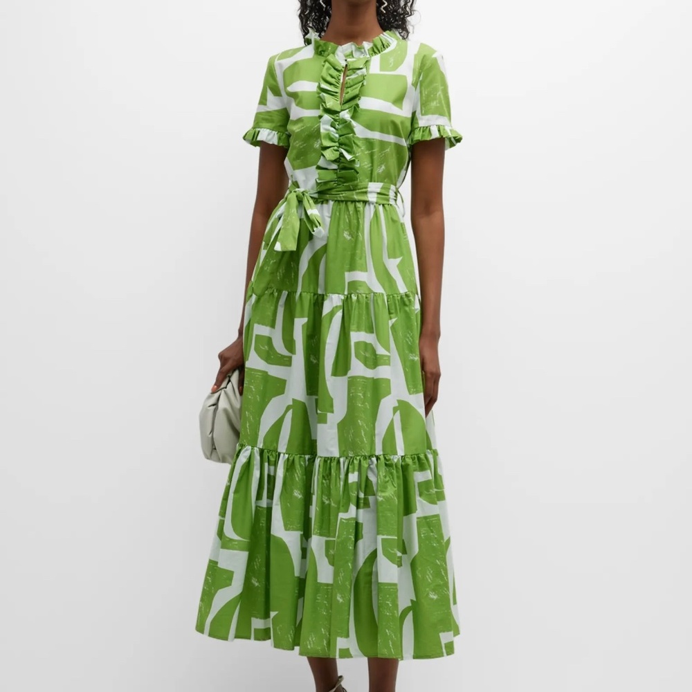 MeiMeiJ Abstract Print Ruffle-Trim Dress in Kiwi and Off White NWT